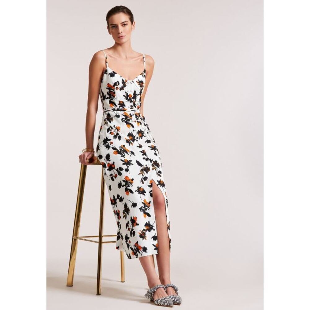 Derek Lam Floral Camisole Button Front V-Neck Slit Front Stretch Crepe Dress 10 - Picture 2 of 16